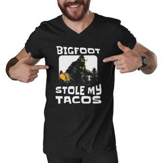 Bigfoot Stole My Tacos Funny Foodie Sci-Fi Sasquatch Men V-Neck Tshirt | Mazezy