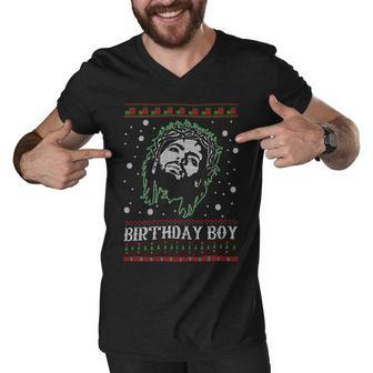 Birthday Boy Jesus Ugly Sweater Christmas Xmas Men V-Neck Tshirt - Monsterry