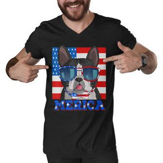 Boston Terrier Dog Merica 4Th Of July American Flag Men V-Neck Tshirt - Seseable