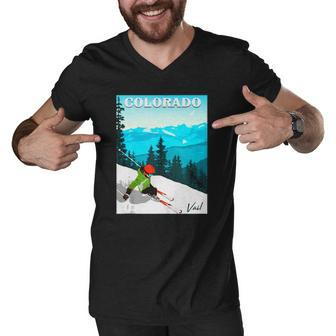 Colorado Vail Mountains Retro Travel Graphic Design Men V-Neck Tshirt | Mazezy