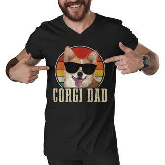 Corgi Dad Vintage Sunglasses Funny Corgi Dog Owner Men V-Neck Tshirt - Seseable