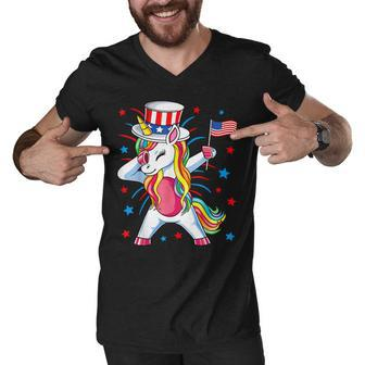 Dabbing Unicorn 4Th Of July Uncle Sam Girls American Flag Men V-Neck Tshirt - Seseable