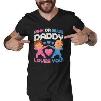 Daddy Loves You Pink Blue Gender Reveal Newborn Announcement Men V-Neck Tshirt | Mazezy
