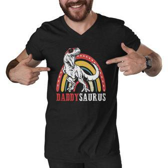 Daddysaurusrex Funny Rainbow Daddy Saurus Family Matching Men V-Neck Tshirt | Mazezy