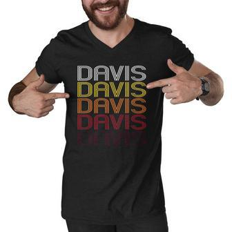 Davis Retro Wordmark Pattern Vintage Style Men V-Neck Tshirt | Mazezy