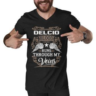 Delcid Name Gift Delcid Blood Runs Through My Veins Men V-Neck Tshirt - Seseable