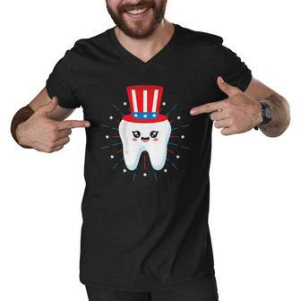 Dental Tooth Uncle Sam Hat 4Th Of July Usa Flag Dentist Gift Men V-Neck Tshirt | Mazezy