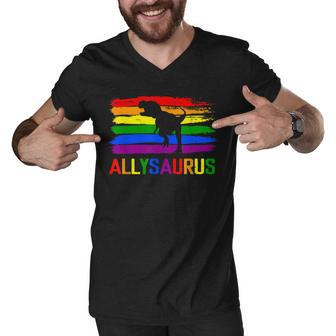 Dinosaur Lgbt Gay Pride Flag Allysaurus Ally T Rex Men Boys Men V-Neck Tshirt - Seseable
