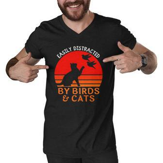 Easily Distracted By Birds And Cats Funny Bird And Cat Lover Men V-Neck Tshirt | Mazezy