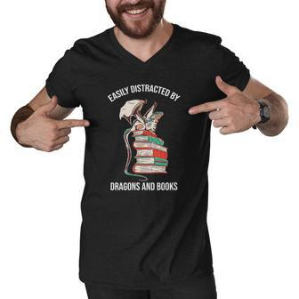 Easily Distracted By Dragons And Books Lover Funny Men V-Neck Tshirt | Mazezy