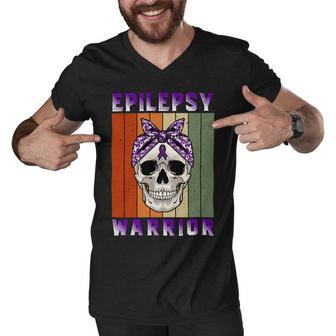 Epilepsy Warrior Skull Women Vintage Purple Ribbon Epilepsy Epilepsy Awareness Men V-Neck Tshirt | Favorety UK