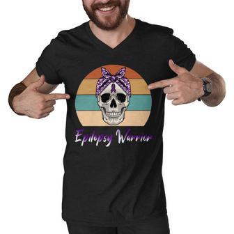 Epilepsy Warrior Skull Women Vintage Purple Ribbon Epilepsy Epilepsy Awareness V2 Men V-Neck Tshirt | Favorety DE