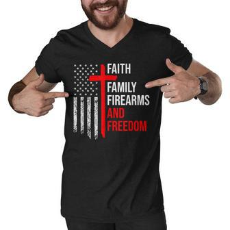 Faith Family Firearms And Freedom 4Th Of July Flag Christian Men V-Neck Tshirt - Seseable