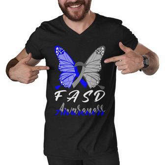 Fasd Awareness Butterfly Blue And Grey Ribbon Fetal Alcohol Spectrum Disorder Fetal Alcohol Spectrum Disorder Awareness Men V-Neck Tshirt | Favorety