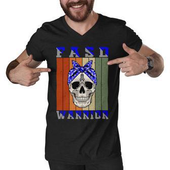 Fasd Warrior Skull Women Vintage Blue And Grey Ribbon Fetal Alcohol Spectrum Disorder Fetal Alcohol Spectrum Disorder Awareness Men V-Neck Tshirt | Favorety