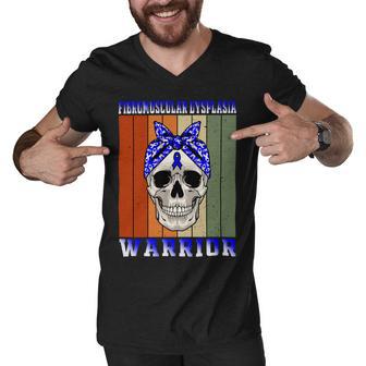 Fibromuscular Dysplasia Warrior Skull Women Vintage Blue Ribbon Fmd Fibromuscular Dysplasia Awareness Men V-Neck Tshirt - Monsterry CA