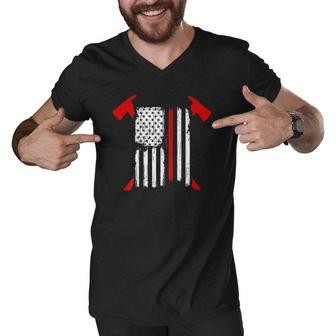 Firefighter Red Line Us Flag Crossed Axes Printed Back Men V-Neck Tshirt | Mazezy