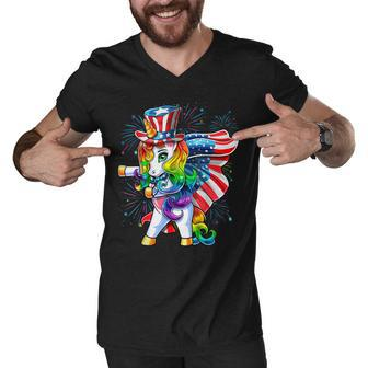 Flossing Unicorn 4Th Of July American Flag Uncle Sam Girls Men V-Neck Tshirt - Seseable