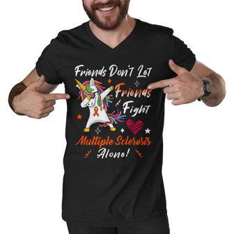 Friends Dont Let Friends Fight Multiple Sclerosis Alone Unicorn Orange Ribbon Multiple Sclerosis Multiple Sclerosis Awareness Men V-Neck Tshirt | Favorety