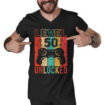 Fun 50Th Birthday Level 50 Unlocked Retro Graphic Birthday Men V-Neck Tshirt - Seseable