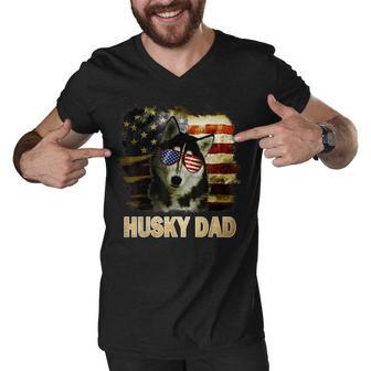 Funny Best Husky Dad Ever American Flag 4Th Of July Vintage Men V-Neck Tshirt - Seseable