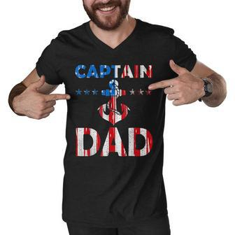 Funny Captain Dad Boat Owner American Flag 4Th Of July Men V-Neck Tshirt - Seseable