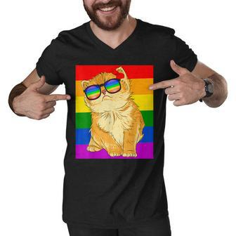 Funny Cat Lgbt Gay Rainbow Pride Flag Boys Men Girls Women Men V-Neck Tshirt | Mazezy