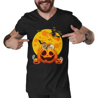 Funny Pomeranian Dog Pumpkin Witch Hat Pet Halloween Costume T-Shirt Men V-Neck Tshirt - Seseable