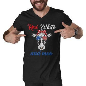 Funny Red White & Moo 4Th Of July Apparel Usa Patriotic Cow Men V-Neck Tshirt - Seseable