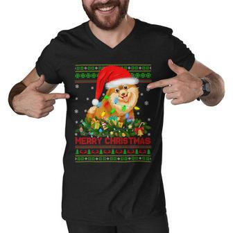 Funny Xmas Lighting Tree Santa Ugly Pomeranian Dog Christmas T-Shirt Men V-Neck Tshirt - Seseable