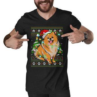 Funny Xmas Lighting Ugly Santa Pomeranian Christmas T-Shirt Men V-Neck Tshirt - Seseable