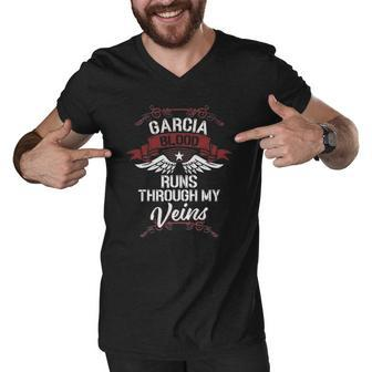 Garcia Blood Runs Through My Veins - Last Name Family Men V-Neck Tshirt | Mazezy