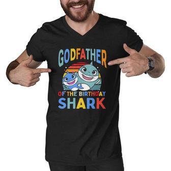 Godfather Of The Birthday Shark Godparent Matching Family Men V-Neck Tshirt | Mazezy