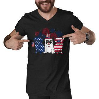 Happy 4Th July Three Blue White Pug And Red Men V-Neck Tshirt - Seseable