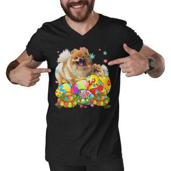 Happy Easter Day Pomeranian With Easter Eggs Dog Lover T-Shirt Men V-Neck Tshirt - Seseable