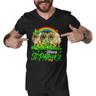 Happy Patricks Day Shamrock Rainbow Leprechaun Pomeranian T-Shirt Men V-Neck Tshirt - Seseable