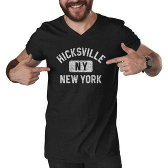 Hicksville Ny New York Gym Style Distressed White Print Men V-Neck Tshirt | Mazezy