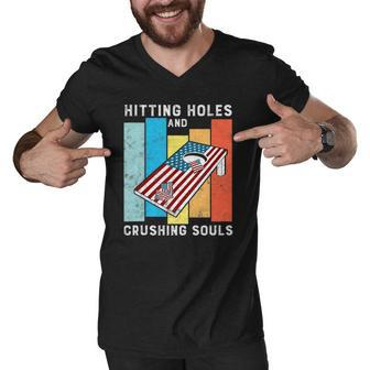 Hitting Holes And Crushing Souls Funny Retro Style Cornhole Men V-Neck Tshirt | Mazezy