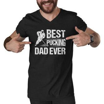 Hockey Player Best Pucking Dad Ever Hockey Father Hockey Pun Men V-Neck Tshirt | Mazezy