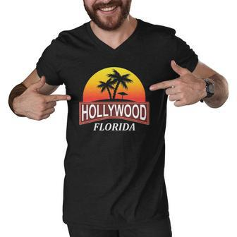 Hollywood Florida Beach Vacation Palm Tree Men V-Neck Tshirt | Mazezy