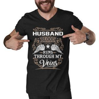 Husband Name Gift Husband Blood Runs Through My Veins Men V-Neck Tshirt - Seseable