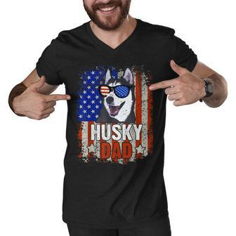 Husky Dad 4Th Of July American Flag Glasses Dog Men Boy Men V-Neck Tshirt - Seseable