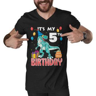 Its My 5Th Birthday Dino T-Rex 5 Years Old Bday Men V-Neck Tshirt - Seseable