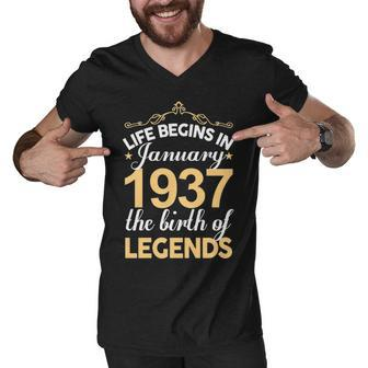 January 1937 Birthday Life Begins In January 1937 V2 Men V-Neck Tshirt - Seseable