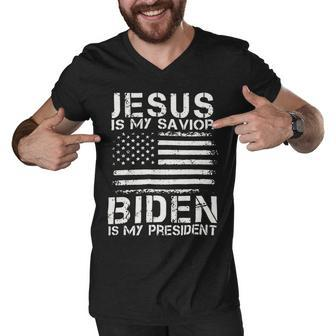 Jesus Is My Savior Biden Is My President Us Flag Supporter Vintage 21K5 Men V-Neck Tshirt - Monsterry