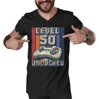 Level 50 Unlocked Video Game 50Th Birthday Gamer Boys Men V-Neck Tshirt - Seseable