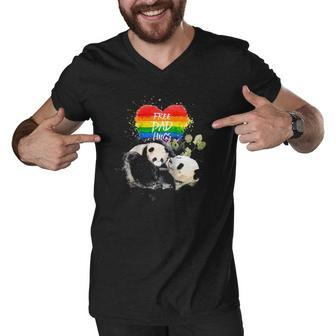 Lgbt Pride Papa Panda Bear Free Dad Hugs Fathers Day Love Raglan Baseball Tee Men V-Neck Tshirt | Mazezy
