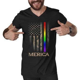 Lgbt Pride Rainbow Line Merica 4Th Of July Camo Us Flag Men V-Neck Tshirt - Seseable