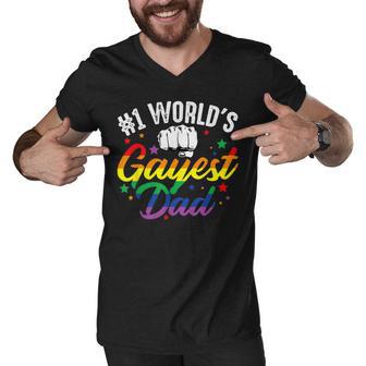 Mens 1 Worlds Gayest Dad Funny Fathers Day Lgbt Pride Rainbow 14 Shirt Men V-Neck Tshirt | Favorety AU