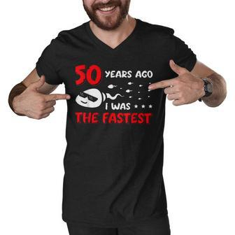 Mens 50 Years Ago I Was The Fastest Funny Birthday Men V-Neck Tshirt - Seseable